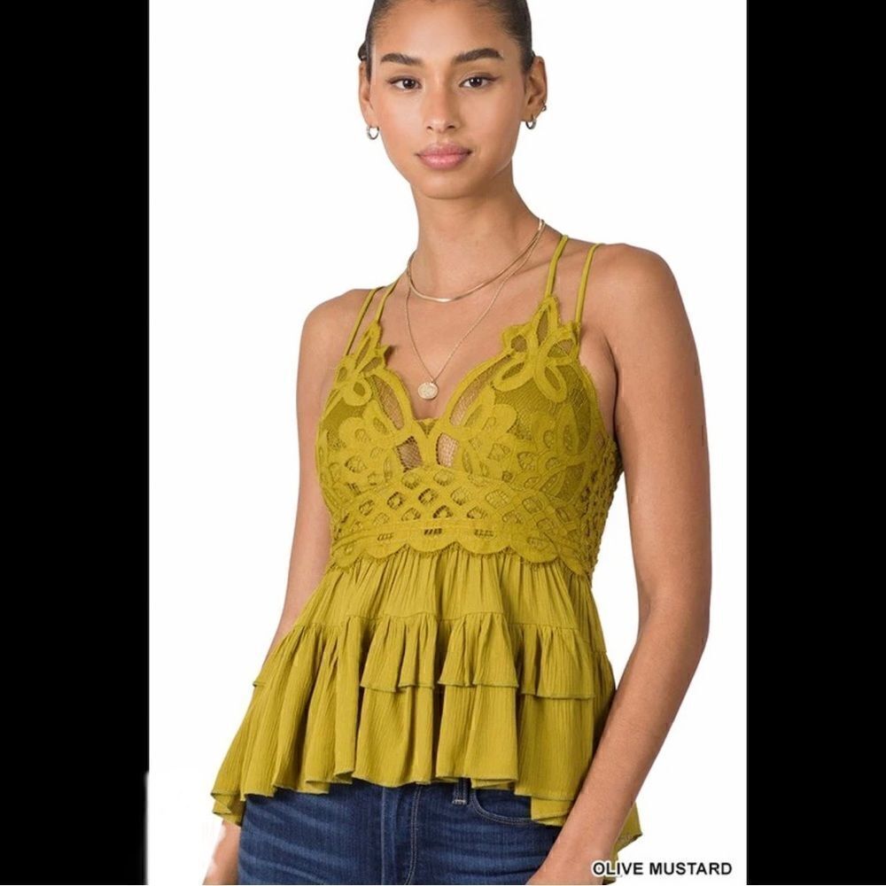 141. NWT CROCHET LACE PEPLUM CAMI TOP OLIVE MUSTARD